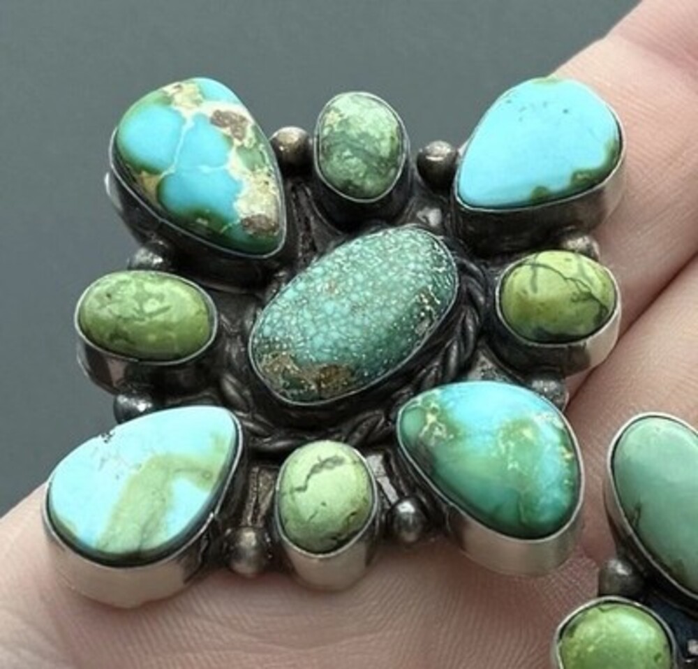 Native Made Wilson Dawes Signed Turquoise Cluster Adjustable Ring